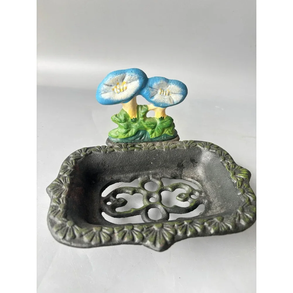 Vintage Cast Iron Soap Dish Blue Morning Glory Flower Hand Painted Rustic Metal